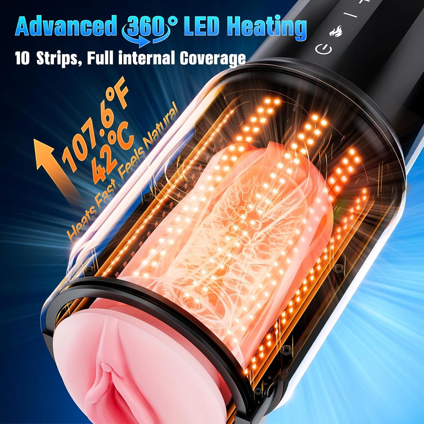 360° Heated App-Controlled Male Masturbator, 5 thrusting speed settings, up to 550 thrusts per minute, equipped with a brushless motor and a magnetic phone mount