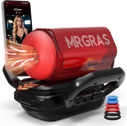 Mrgras Male Masturbator Penis Pump - Dual Handles AI Sync Pocket Pussy Stroker with 9 Thrusting Vibrator & 6 Blowjob Sucking Mode, APP Control Soft Sleeve Adult Sex Toys for Men
