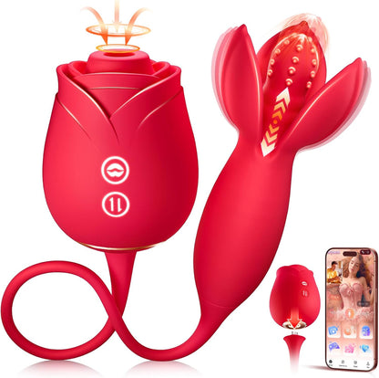 Rose Toy Couple Vibrator Sex Toys for Women, Detachable Sucking Vibrator & Blooming Thrusting Dildo, 10 Modes, App AI Control Adult Toy for Female, G-Spot Clit Nipple Toy for Sex Games