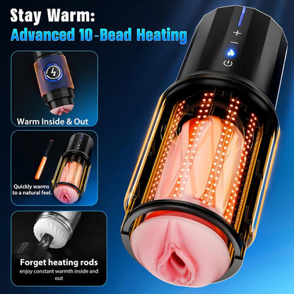 360° Heated App-Controlled Male Masturbator, 5 thrusting speed settings, up to 550 thrusts per minute, equipped with a brushless motor and a magnetic phone mount