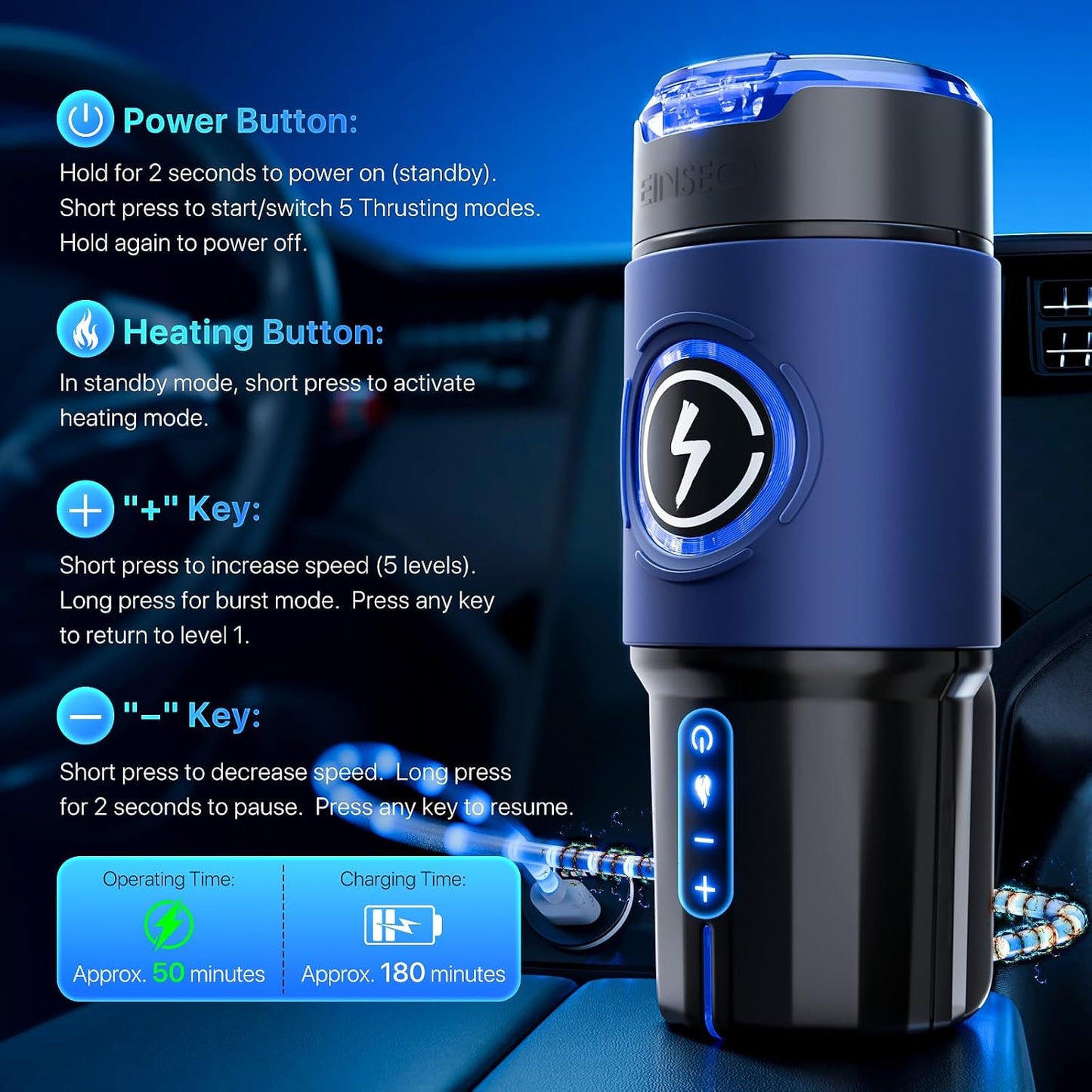 360° Heated App-Controlled Male Masturbator, 5 thrusting speed settings, up to 550 thrusts per minute, equipped with a brushless motor and a magnetic phone mount