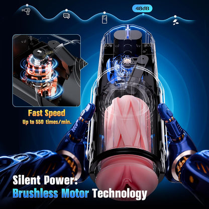 360° Heated App-Controlled Male Masturbator, 5 thrusting speed settings, up to 550 thrusts per minute, equipped with a brushless motor and a magnetic phone mount