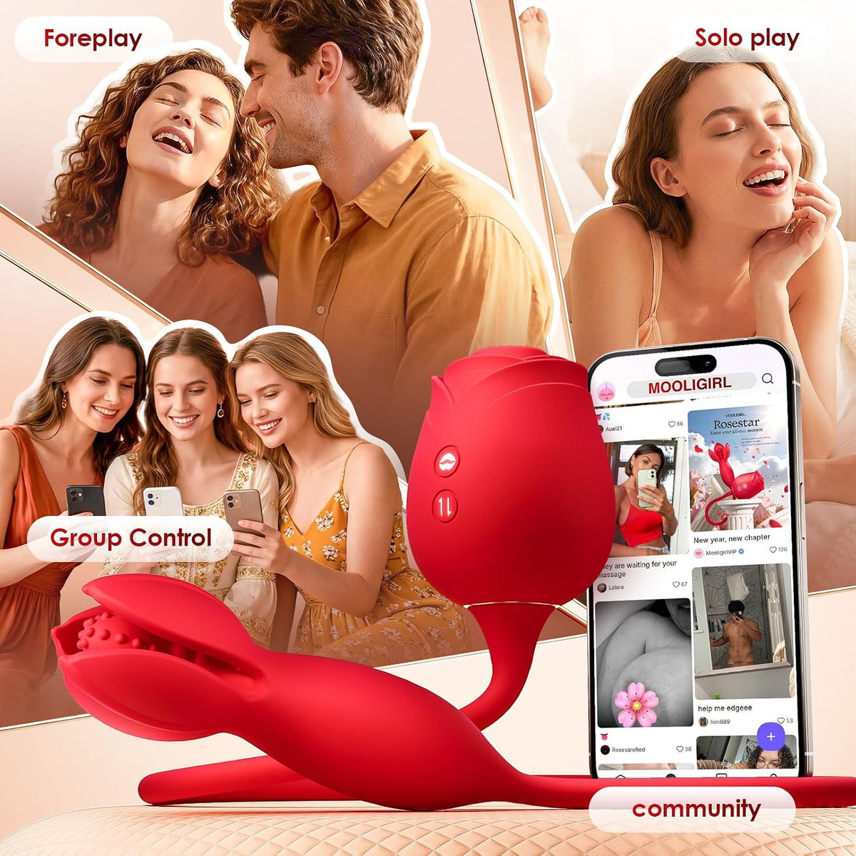Rose Toy Couple Vibrator Sex Toys for Women, Detachable Sucking Vibrator & Blooming Thrusting Dildo, 10 Modes, App AI Control Adult Toy for Female, G-Spot Clit Nipple Toy for Sex Games